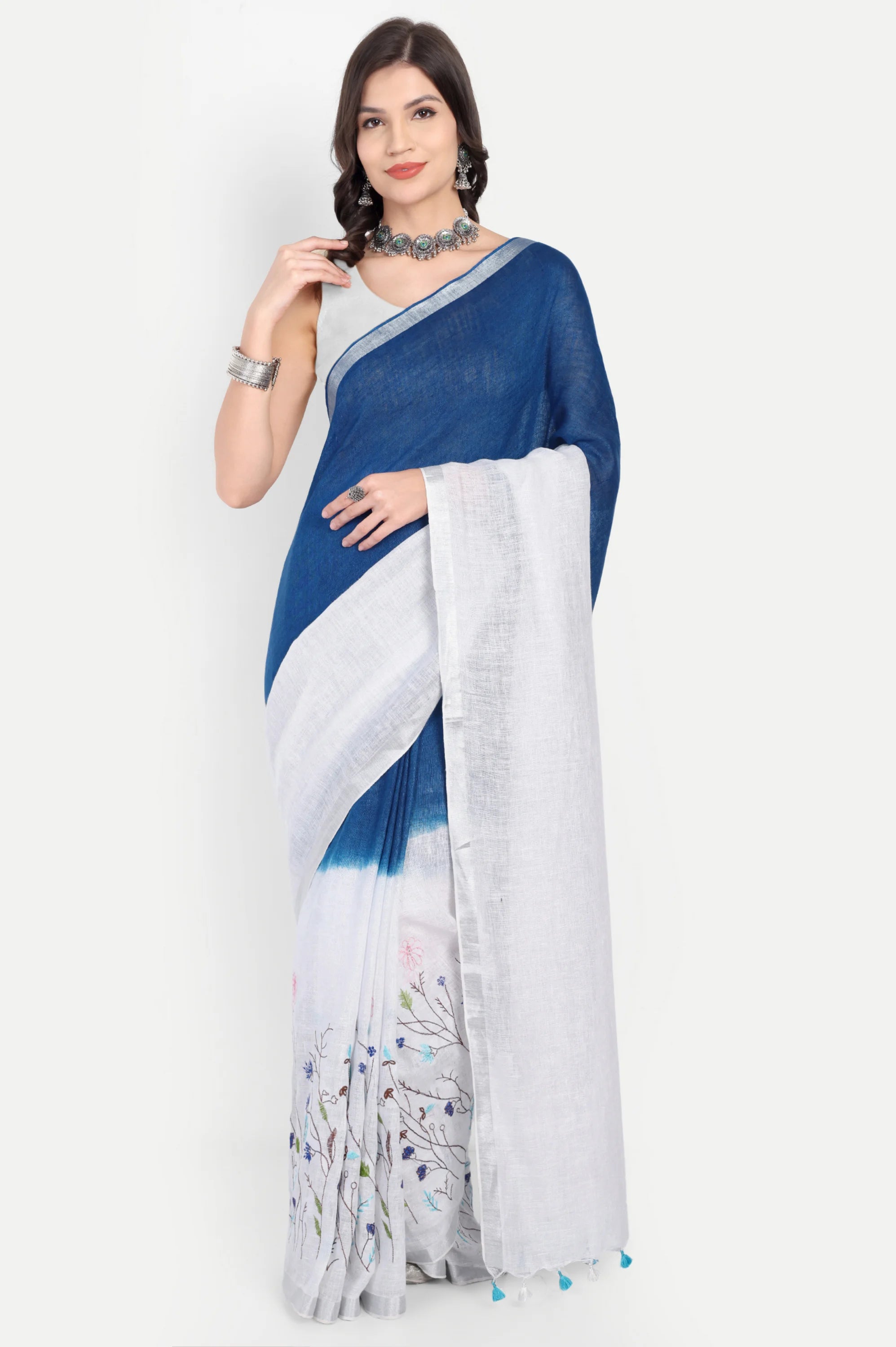 INDIGO WHITE LINEN SAREE - Embroidery