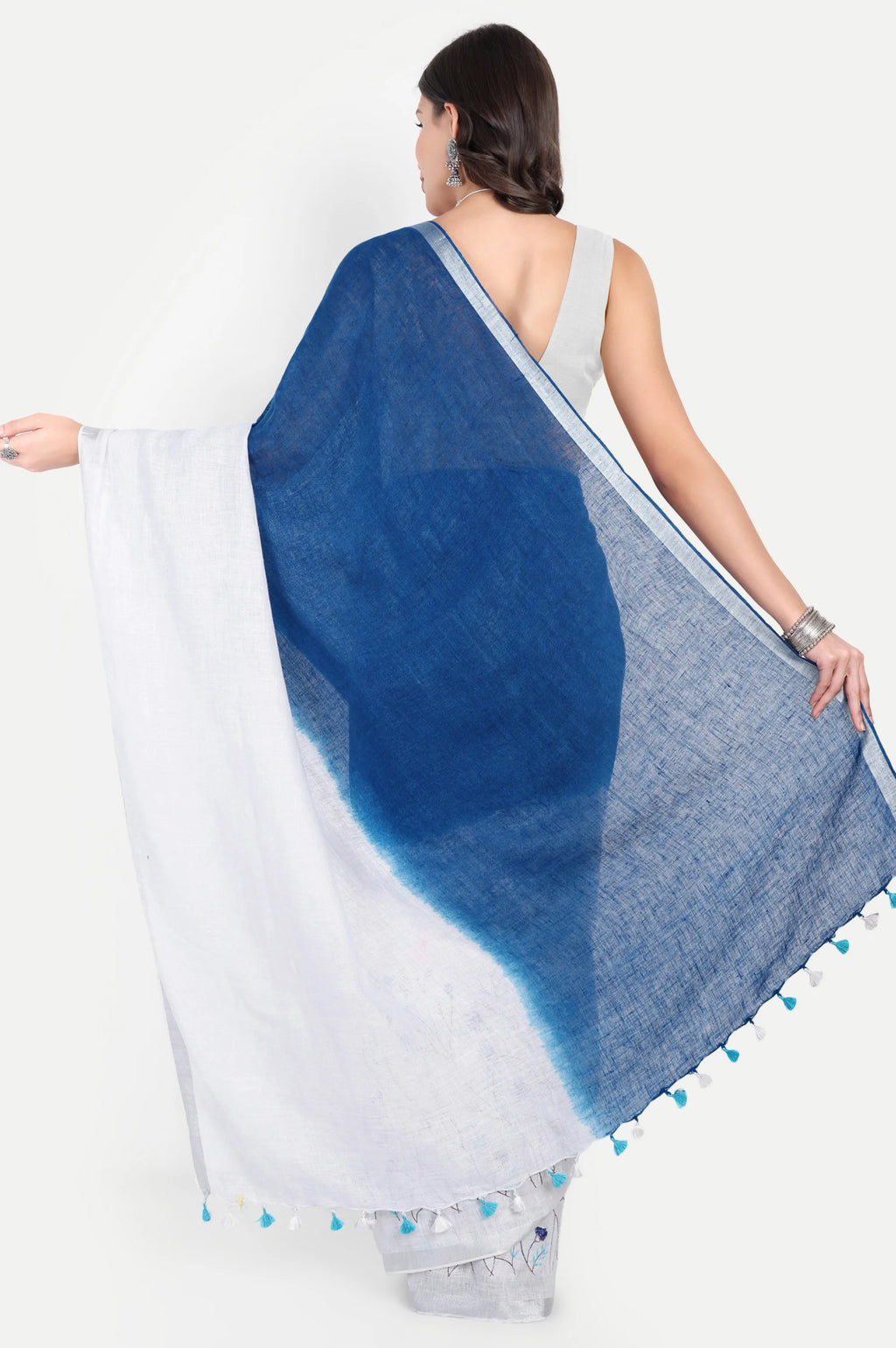 INDIGO WHITE LINEN SAREE - Embroidery