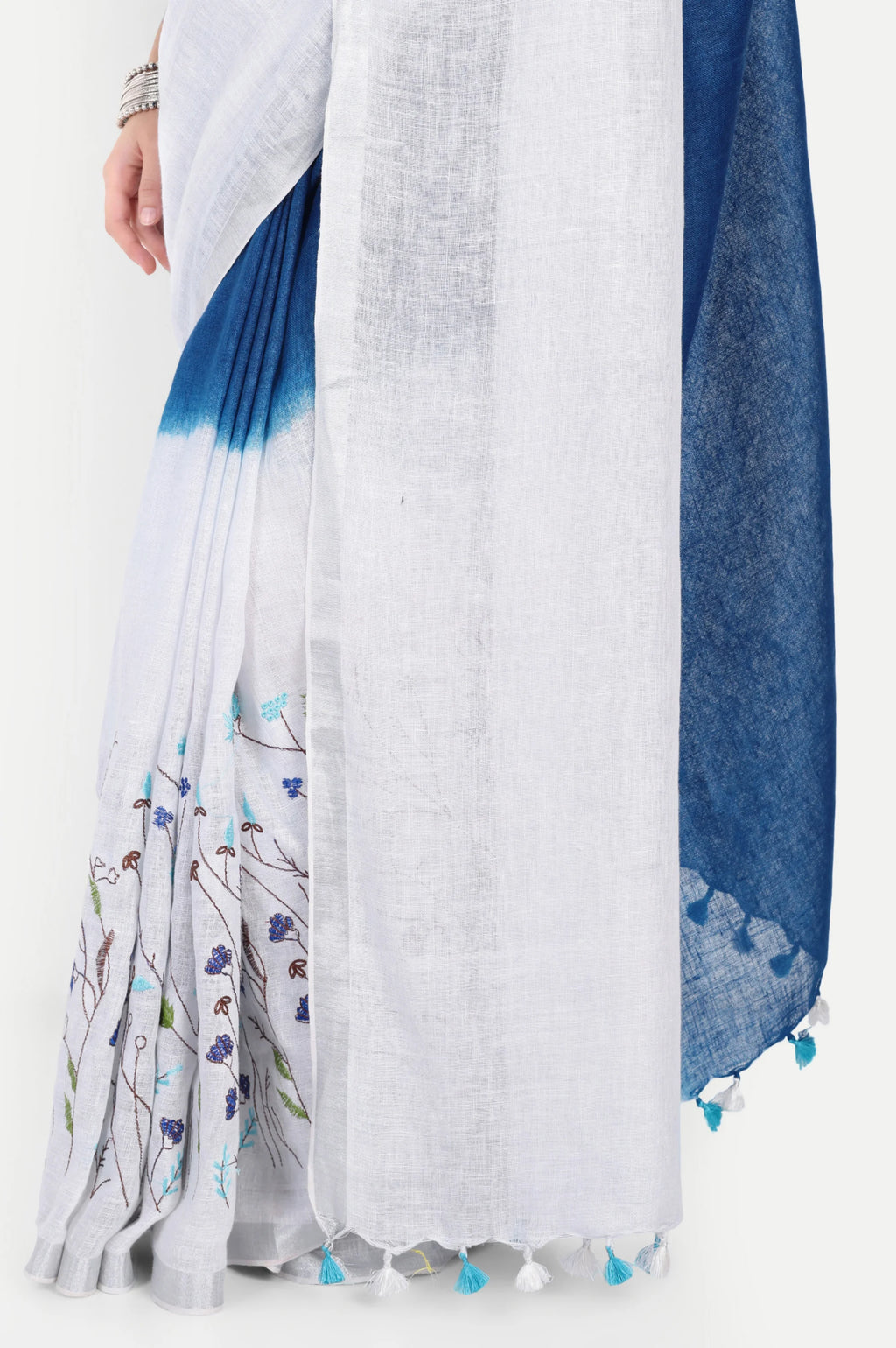 INDIGO WHITE LINEN SAREE - Embroidery