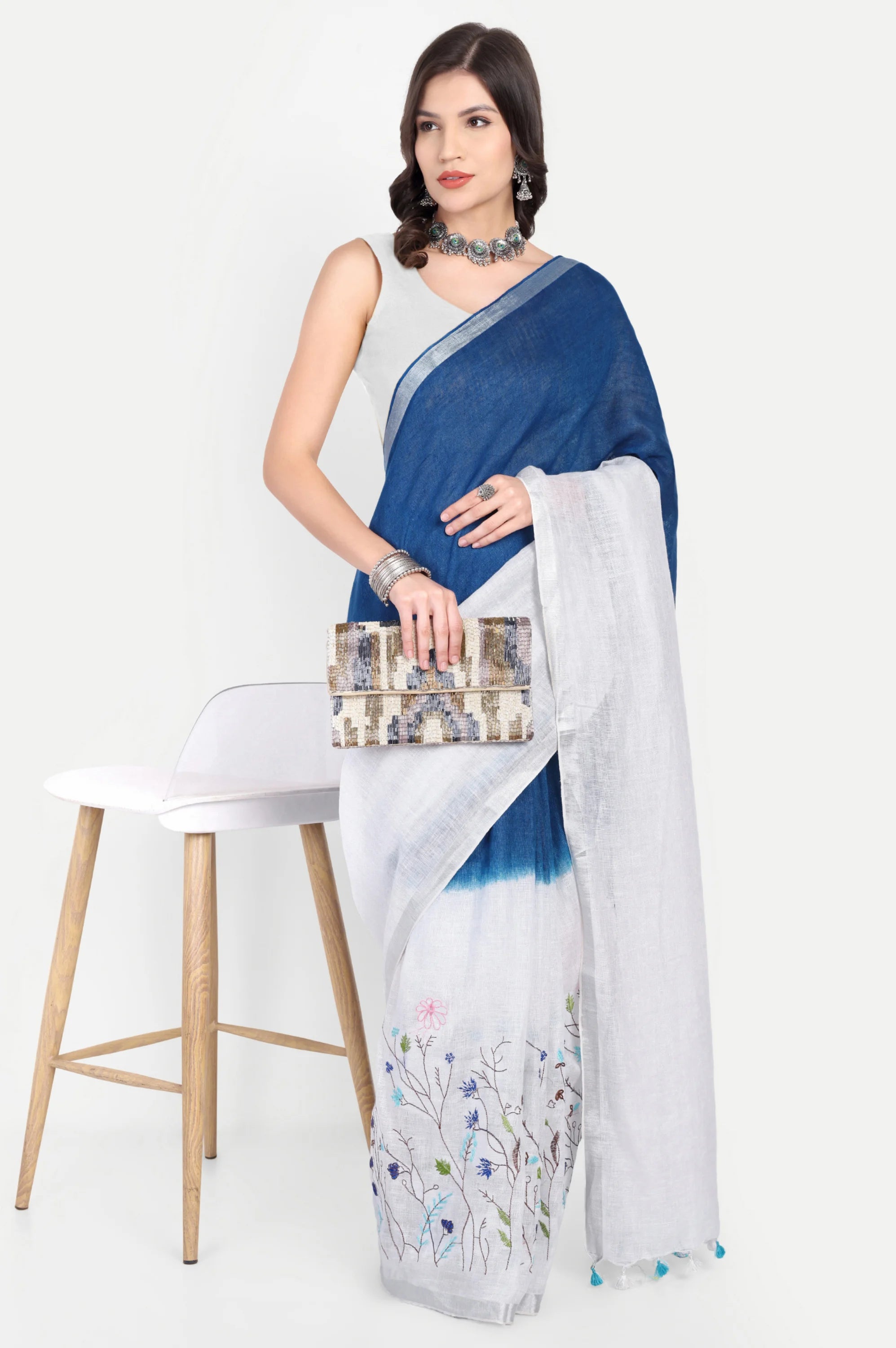 INDIGO WHITE LINEN SAREE - Embroidery