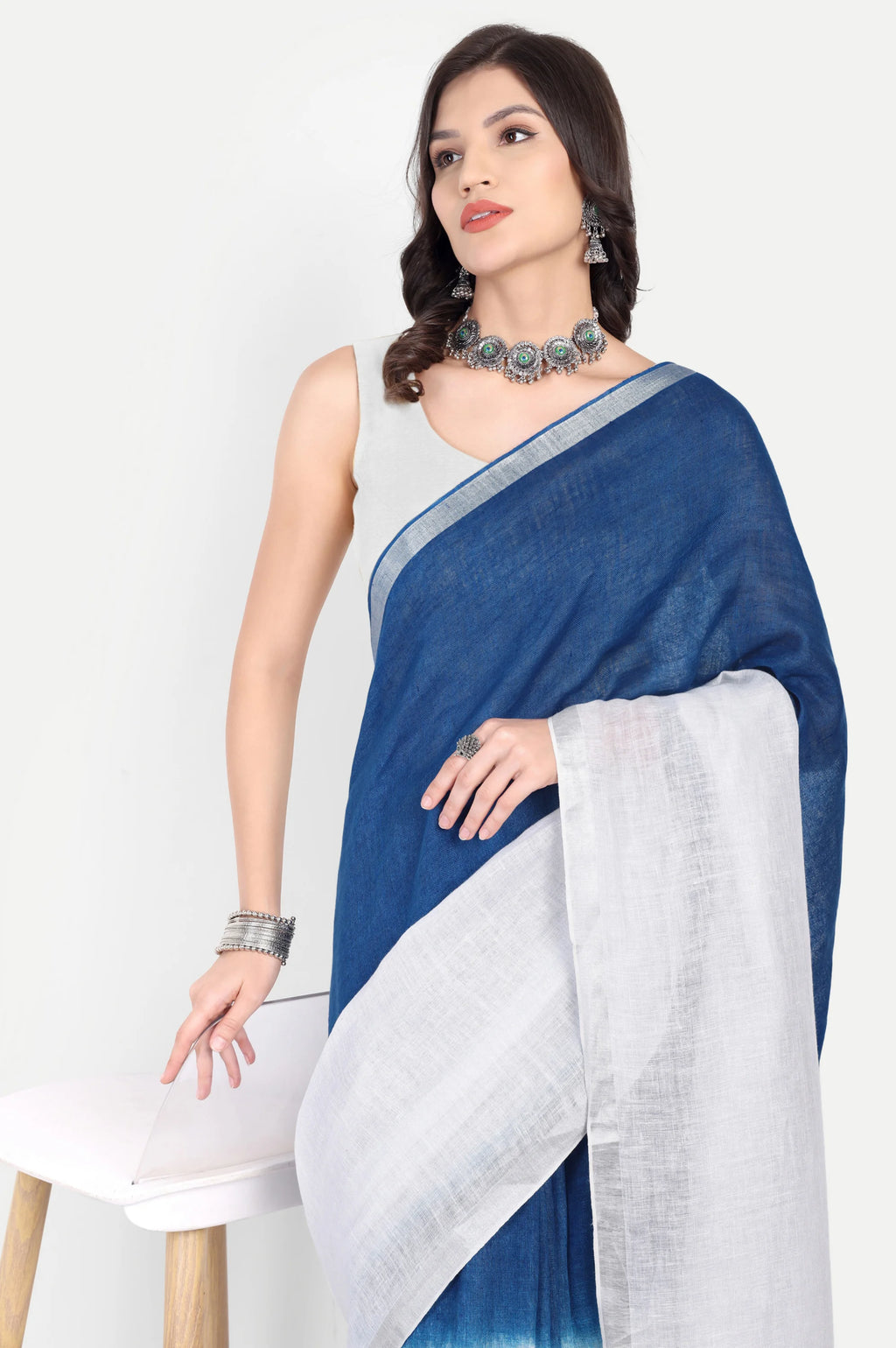 INDIGO WHITE LINEN SAREE - Embroidery