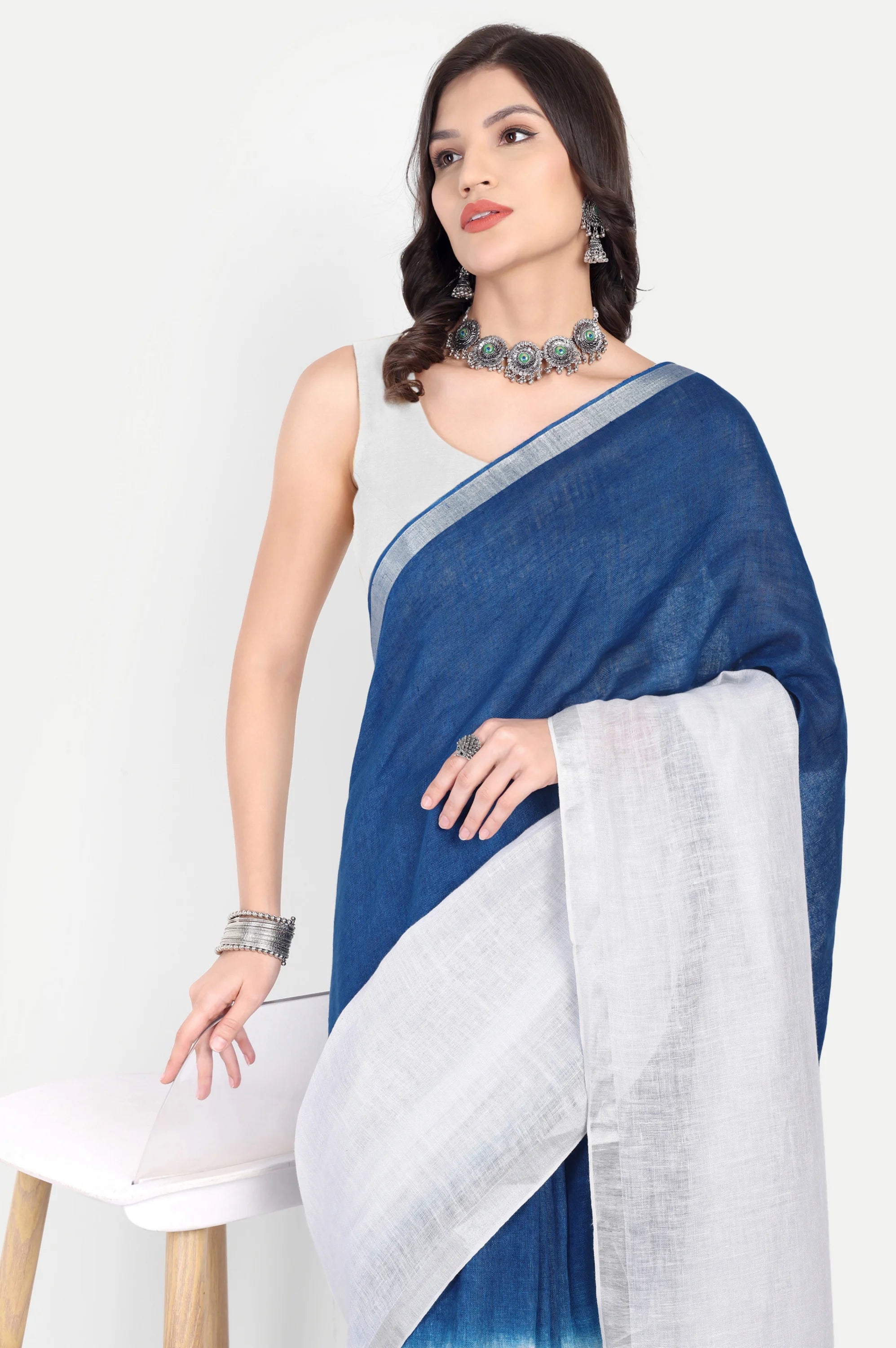INDIGO WHITE LINEN SAREE - Embroidery
