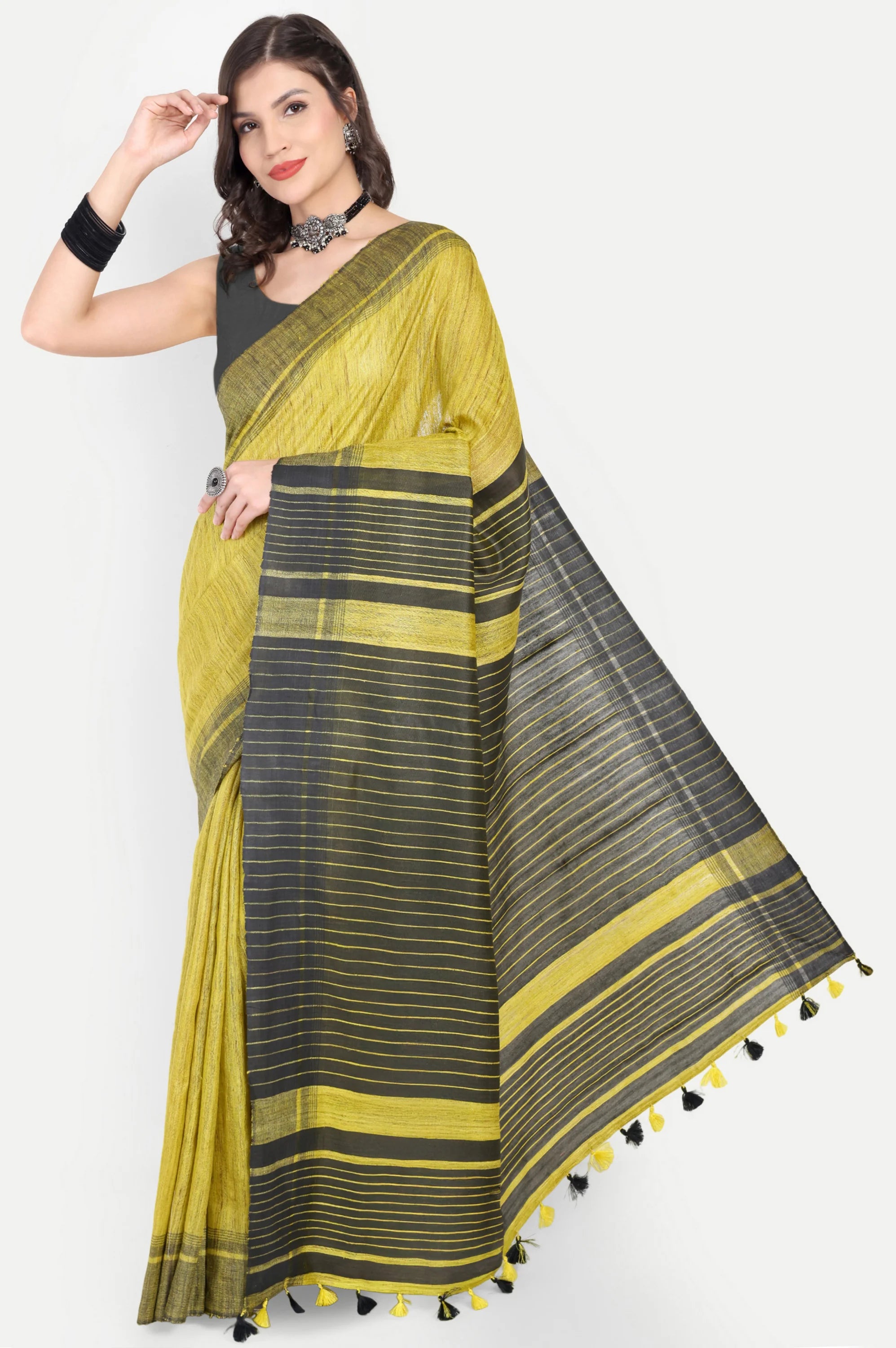 LIME YELLOW GHICHA SILK SAREE - Handloom
