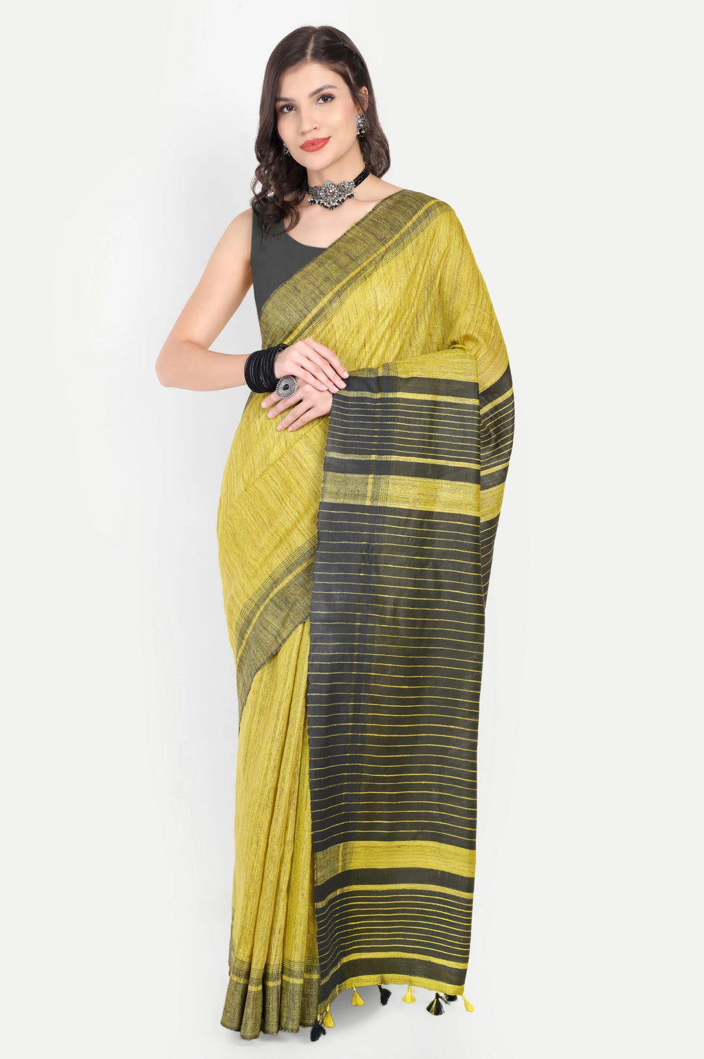 LIME YELLOW GHICHA SILK SAREE - Handloom