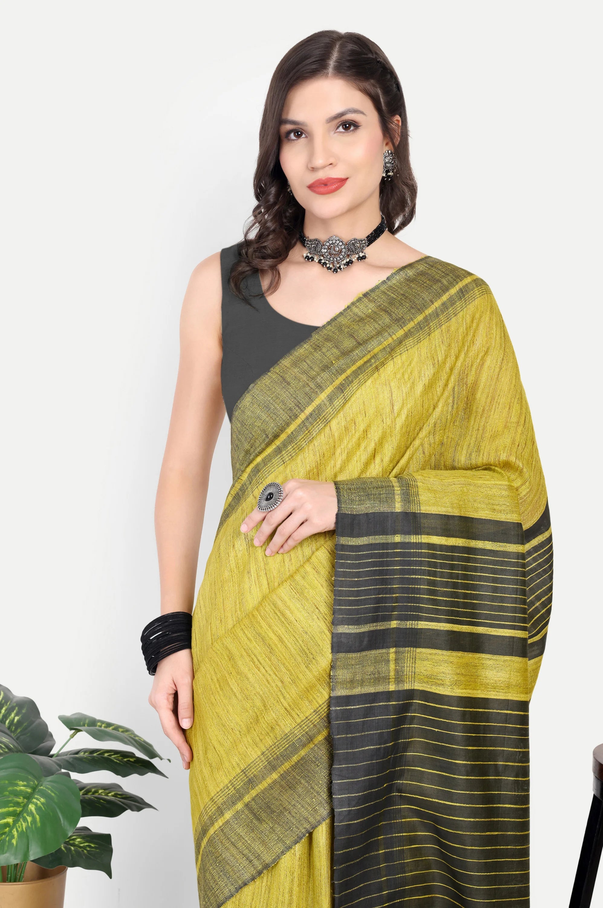 LIME YELLOW GHICHA SILK SAREE - Handloom