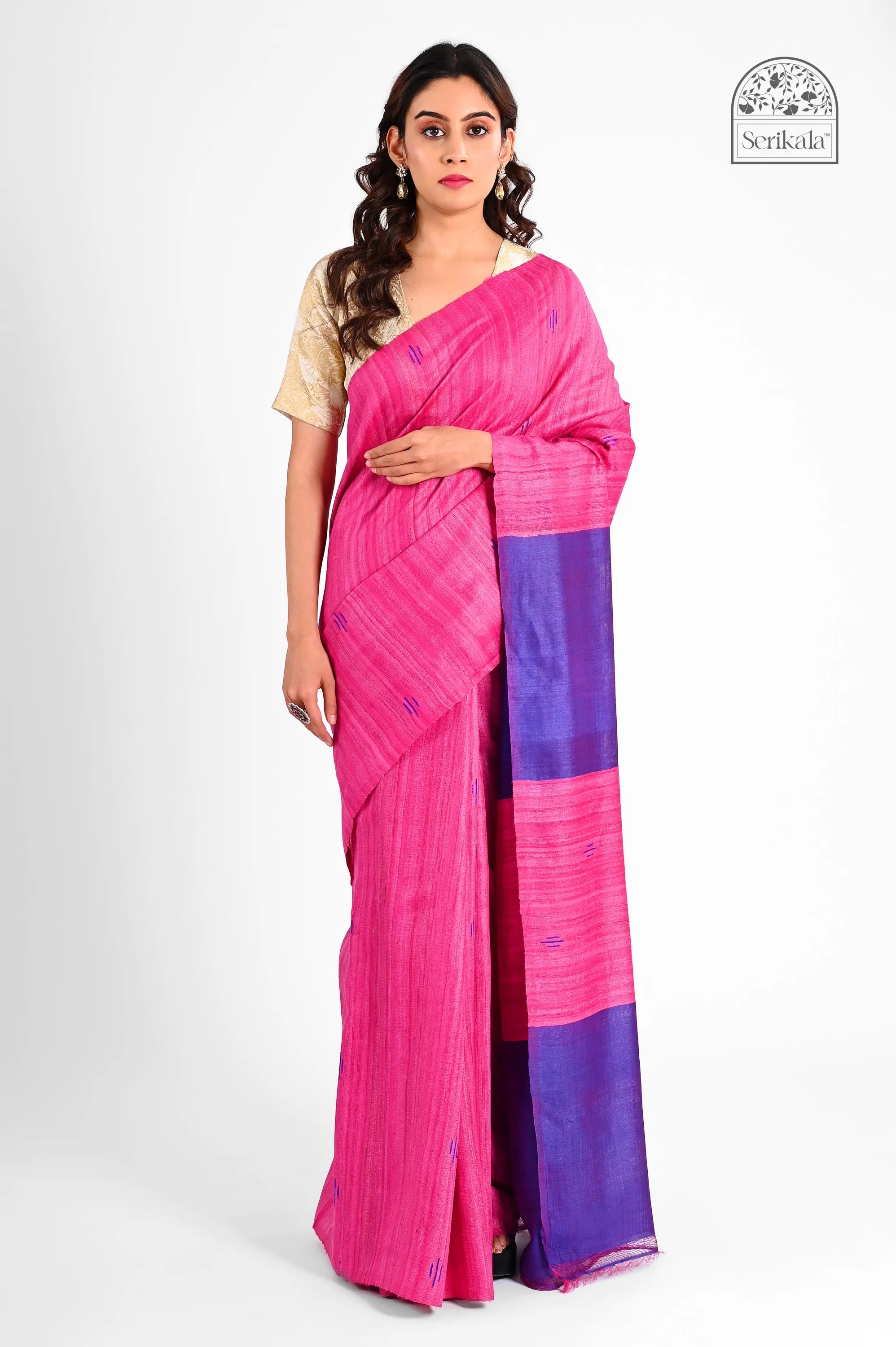 MAGENTA GHICHA SILK SAREE WITH VIOLET BORDER - Hand - woven