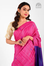 MAGENTA GHICHA SILK SAREE WITH VIOLET BORDER - Hand - woven