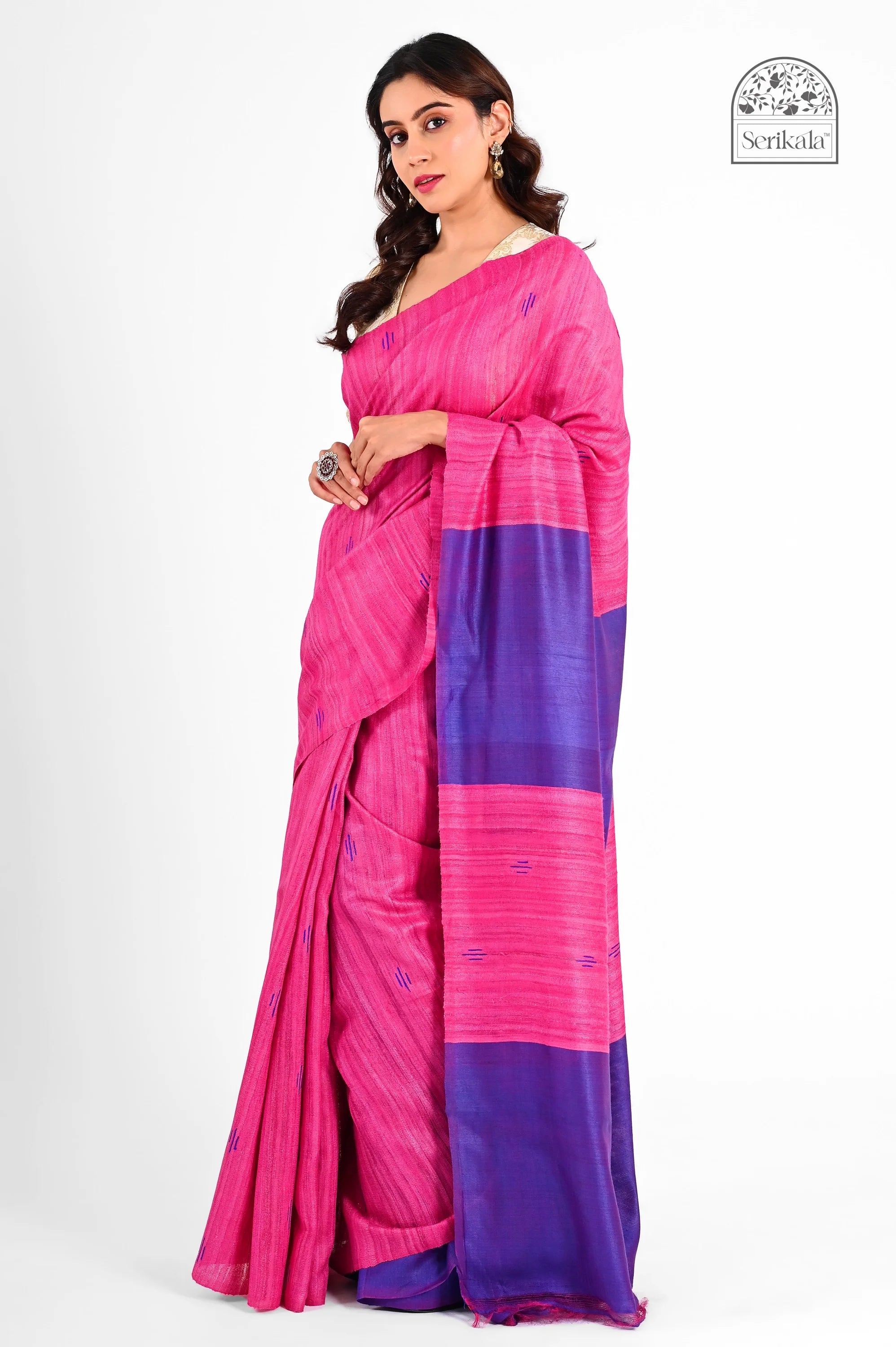 MAGENTA GHICHA SILK SAREE WITH VIOLET BORDER - Hand - woven