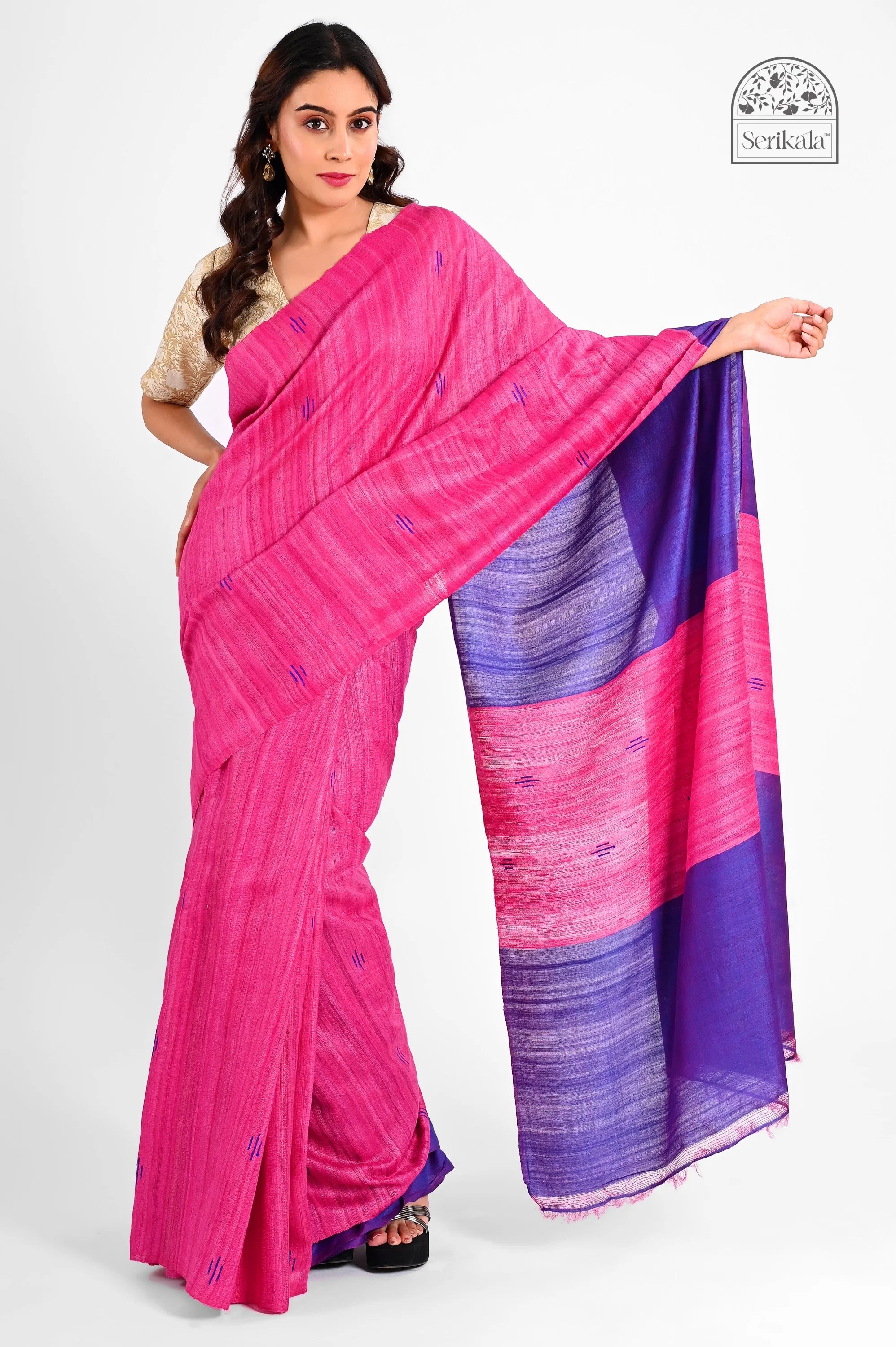 MAGENTA GHICHA SILK SAREE WITH VIOLET BORDER - Hand - woven