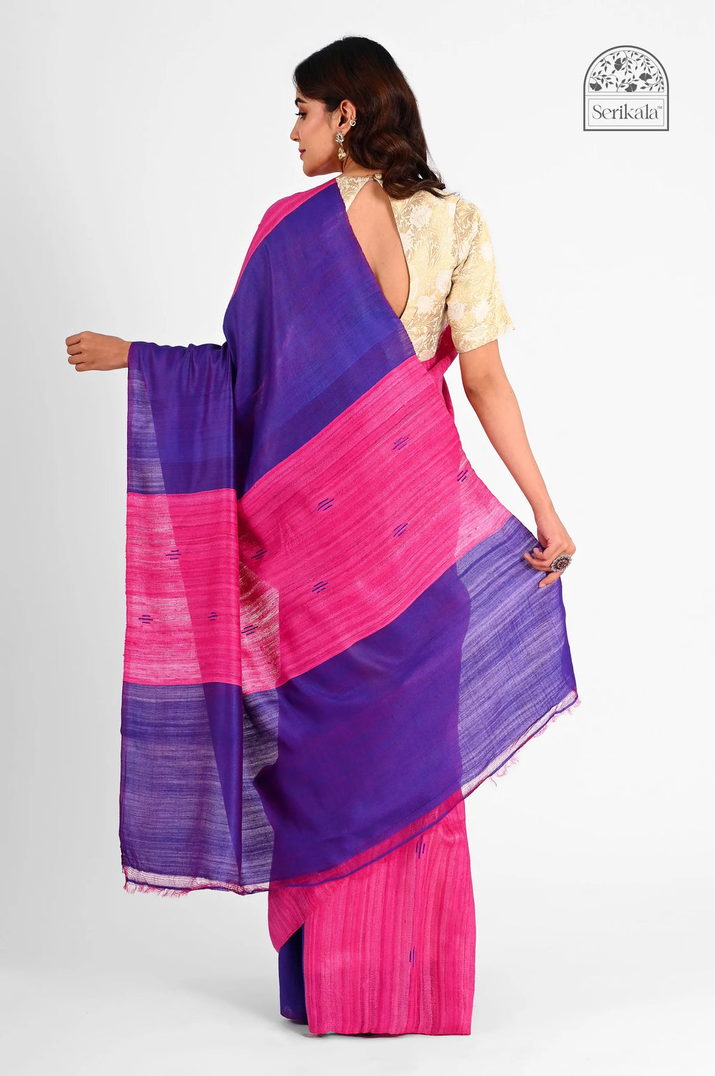 MAGENTA GHICHA SILK SAREE WITH VIOLET BORDER - Hand - woven