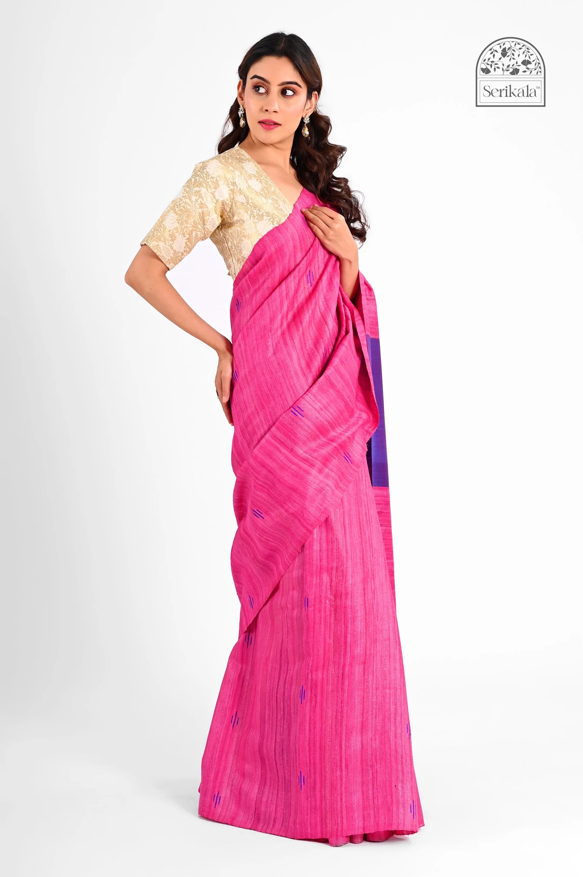 MAGENTA GHICHA SILK SAREE WITH VIOLET BORDER - Hand - woven