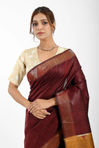 MAROON DUPION SILK SAREE WITH GOLDEN PALLU - Hand - woven