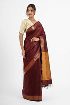 MAROON DUPION SILK SAREE WITH GOLDEN PALLU - Hand - woven