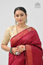 MAROON DUPION SILK SAREE WITH GREEN PALLU - Hand - woven
