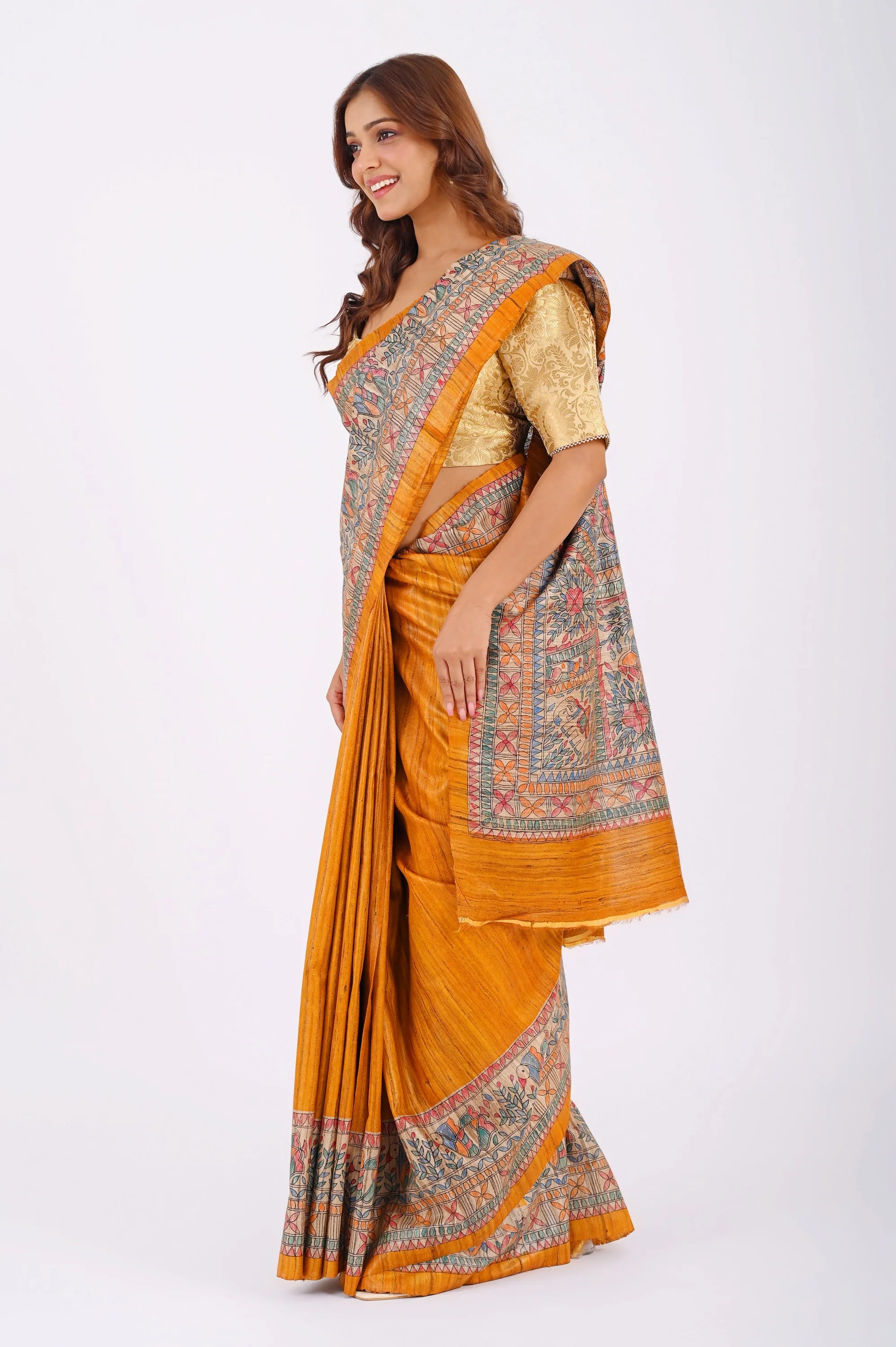 MUSTARD GHICHA SILK SAREE WITH MADHUBANI AANCHAL