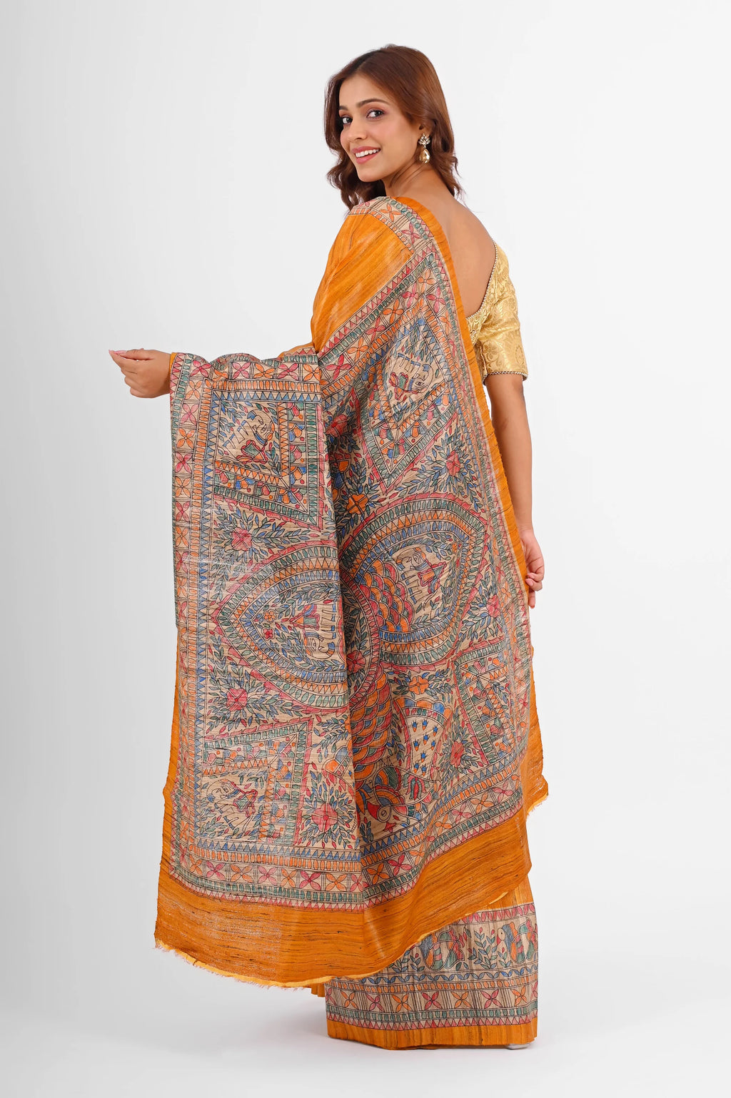 MUSTARD GHICHA SILK SAREE WITH MADHUBANI AANCHAL