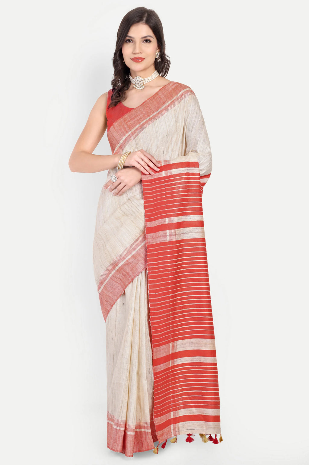 OFF-WHITE & RED GHICHA SILK SAREE - Handloom