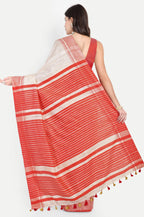 OFF-WHITE & RED GHICHA SILK SAREE - Handloom