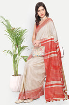 OFF-WHITE & RED GHICHA SILK SAREE - Handloom