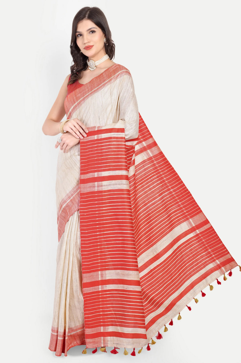 OFF-WHITE & RED GHICHA SILK SAREE - Handloom