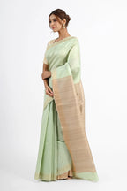 PASTEL GREEN DUPION SILK SAREE WITH BEIGE PALLU - Hand - woven