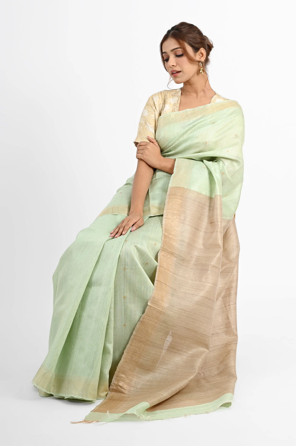PASTEL GREEN DUPION SILK SAREE WITH BEIGE PALLU - Hand - woven