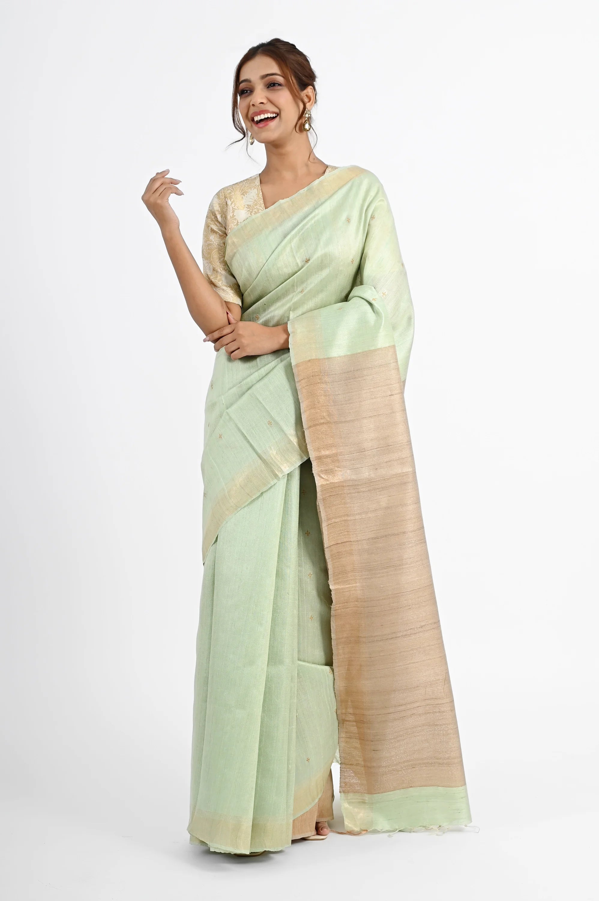 PASTEL GREEN DUPION SILK SAREE WITH BEIGE PALLU - Hand - woven