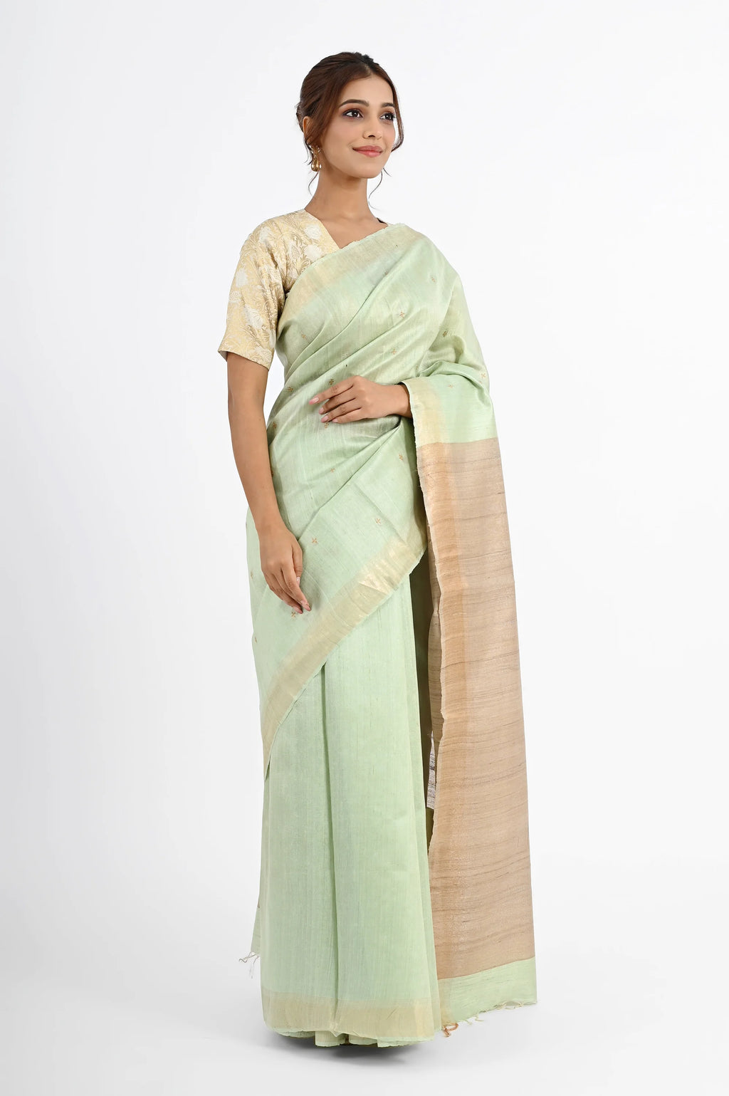 PASTEL GREEN DUPION SILK SAREE WITH BEIGE PALLU - Hand - woven