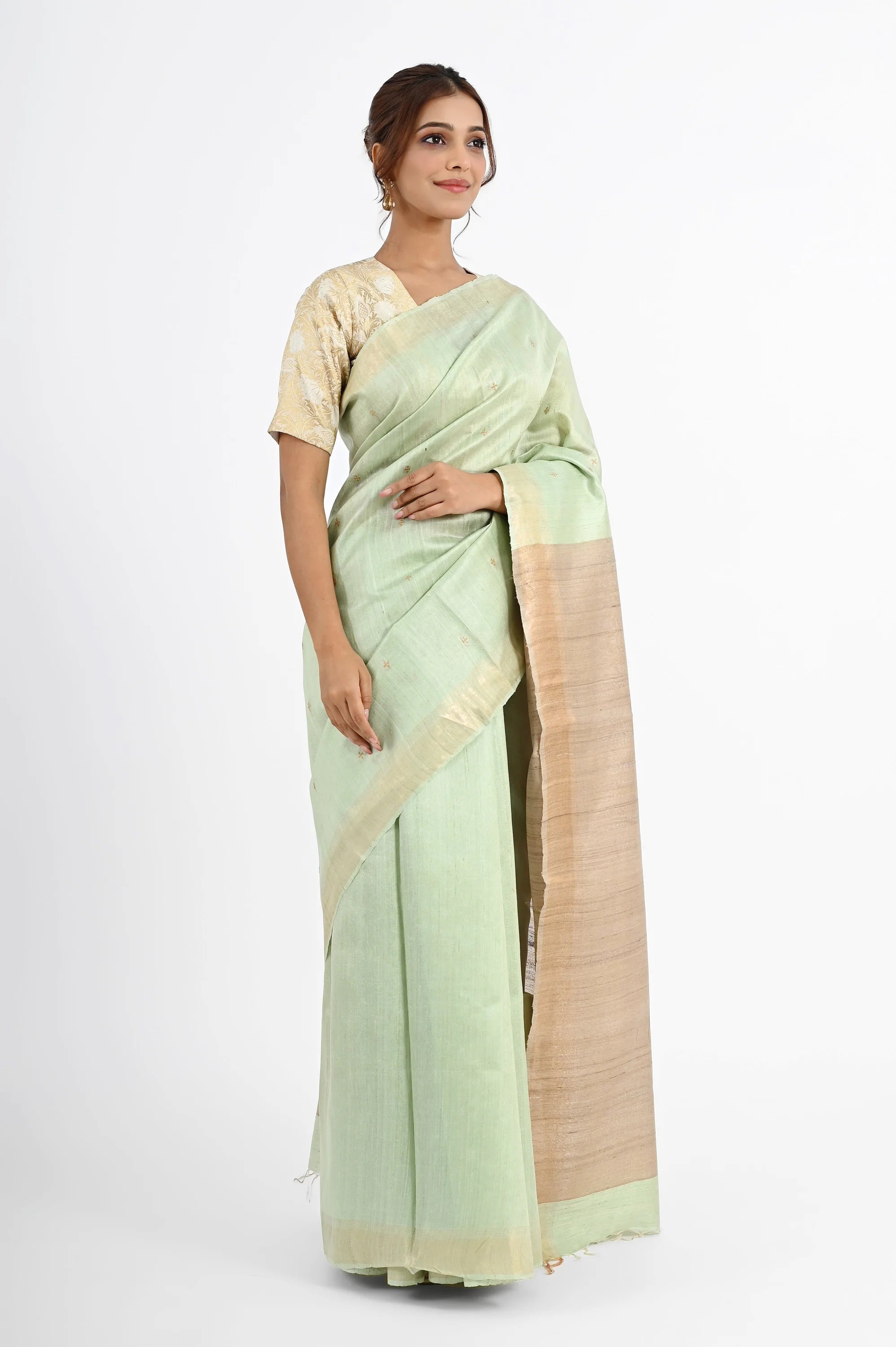 PASTEL GREEN DUPION SILK SAREE WITH BEIGE PALLU - Hand - woven