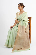 PASTEL GREEN DUPION SILK SAREE WITH BEIGE PALLU - Hand - woven