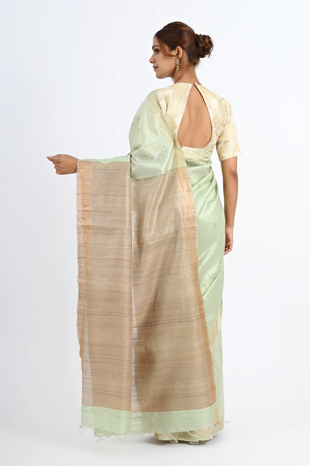 PASTEL GREEN DUPION SILK SAREE WITH BEIGE PALLU - Hand - woven