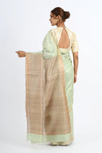 PASTEL GREEN DUPION SILK SAREE WITH BEIGE PALLU - Hand - woven