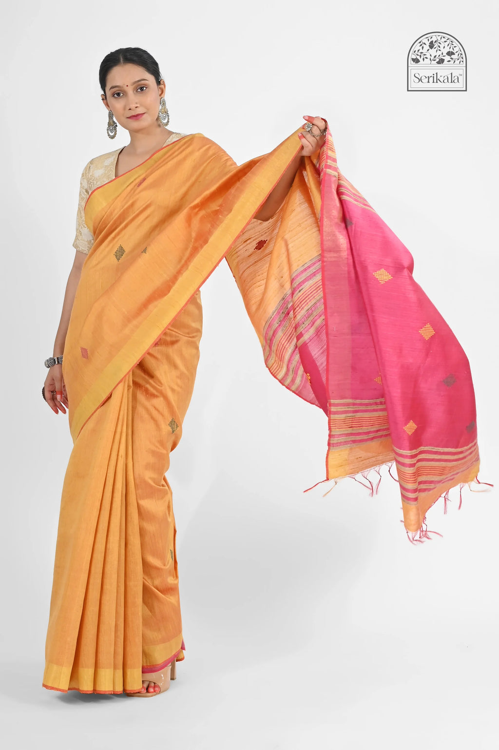 PEACH DUPION SILK SAREE WITH PINK PALLU
