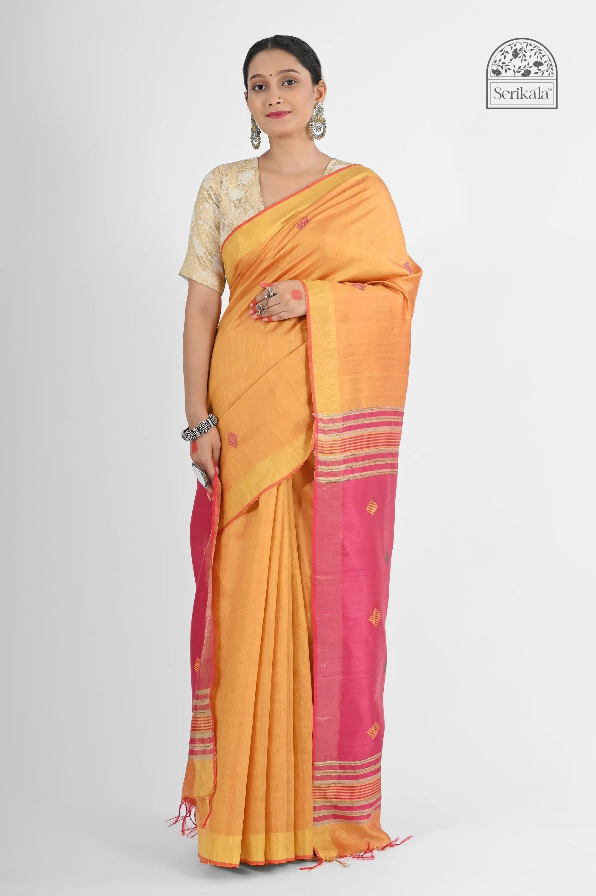 PEACH DUPION SILK SAREE WITH PINK PALLU