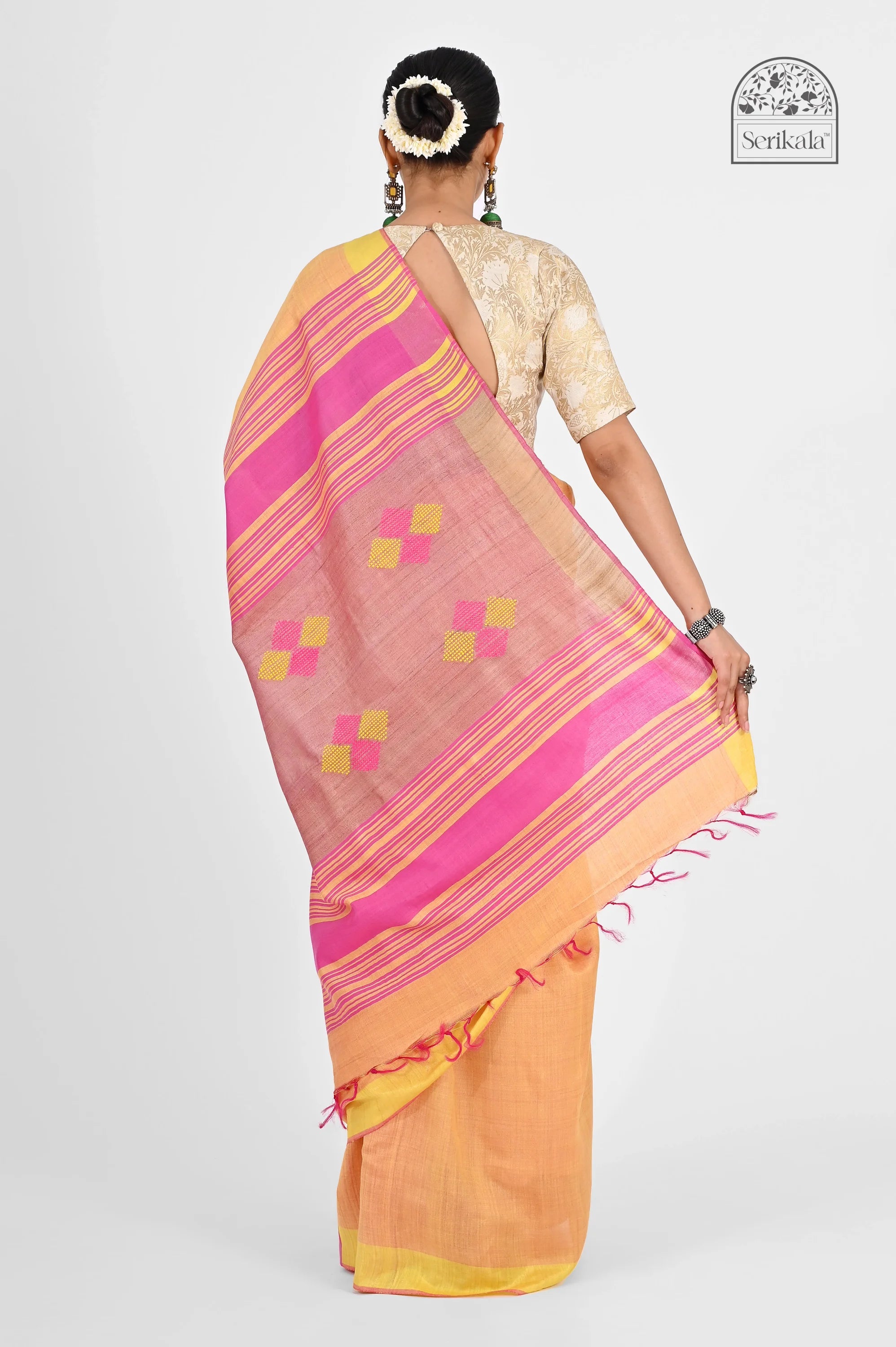 PEACH PINK ERI SILK SAREE - Hand - woven