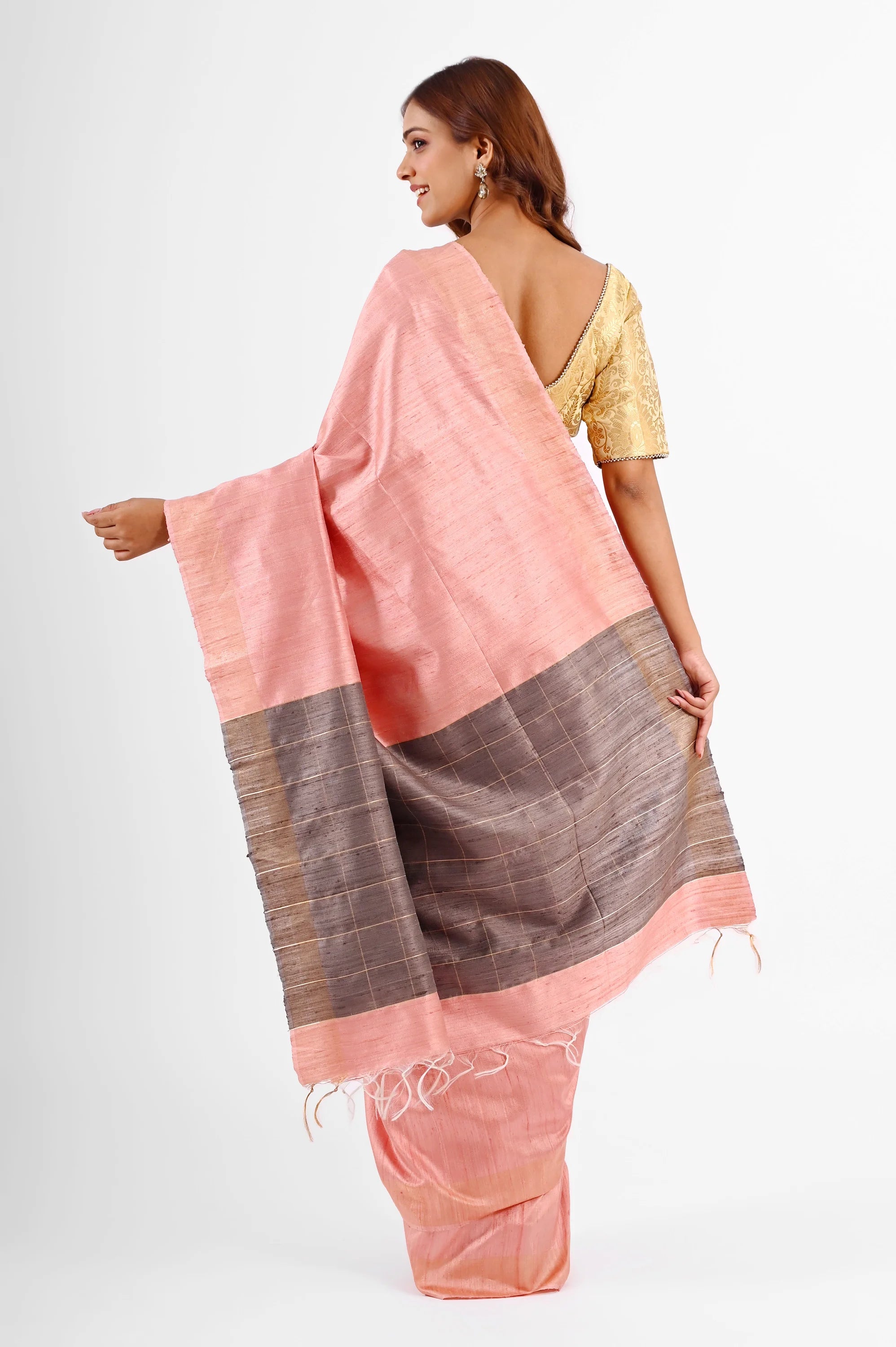PINK DUPION SILK SAREE WITH GREY AANCHAL - Hand - woven