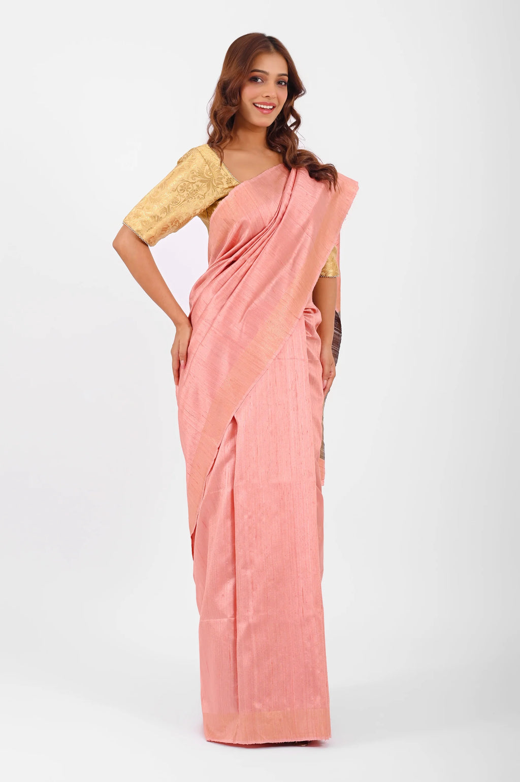 PINK DUPION SILK SAREE WITH GREY AANCHAL - Hand - woven