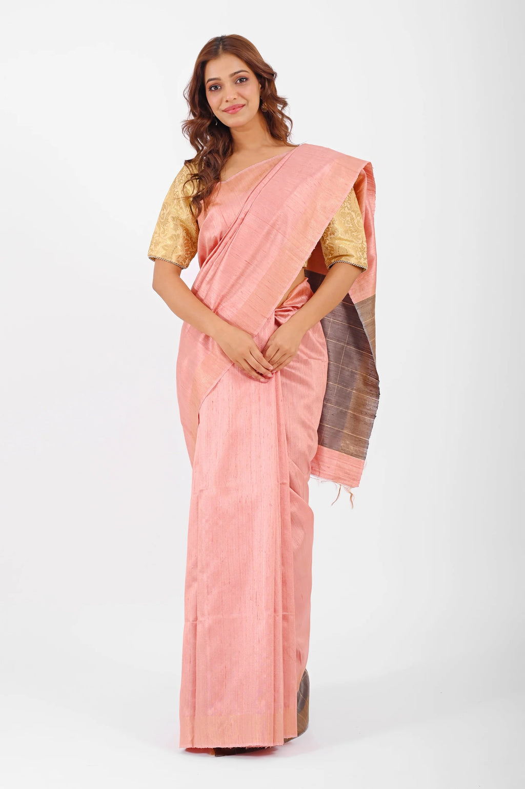 PINK DUPION SILK SAREE WITH GREY AANCHAL - Hand - woven