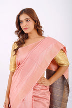 PINK DUPION SILK SAREE WITH GREY AANCHAL - Hand - woven