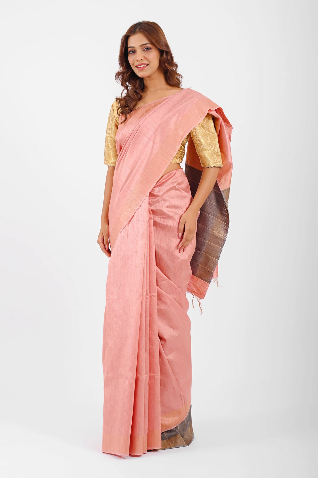 PINK DUPION SILK SAREE WITH GREY AANCHAL - Hand - woven