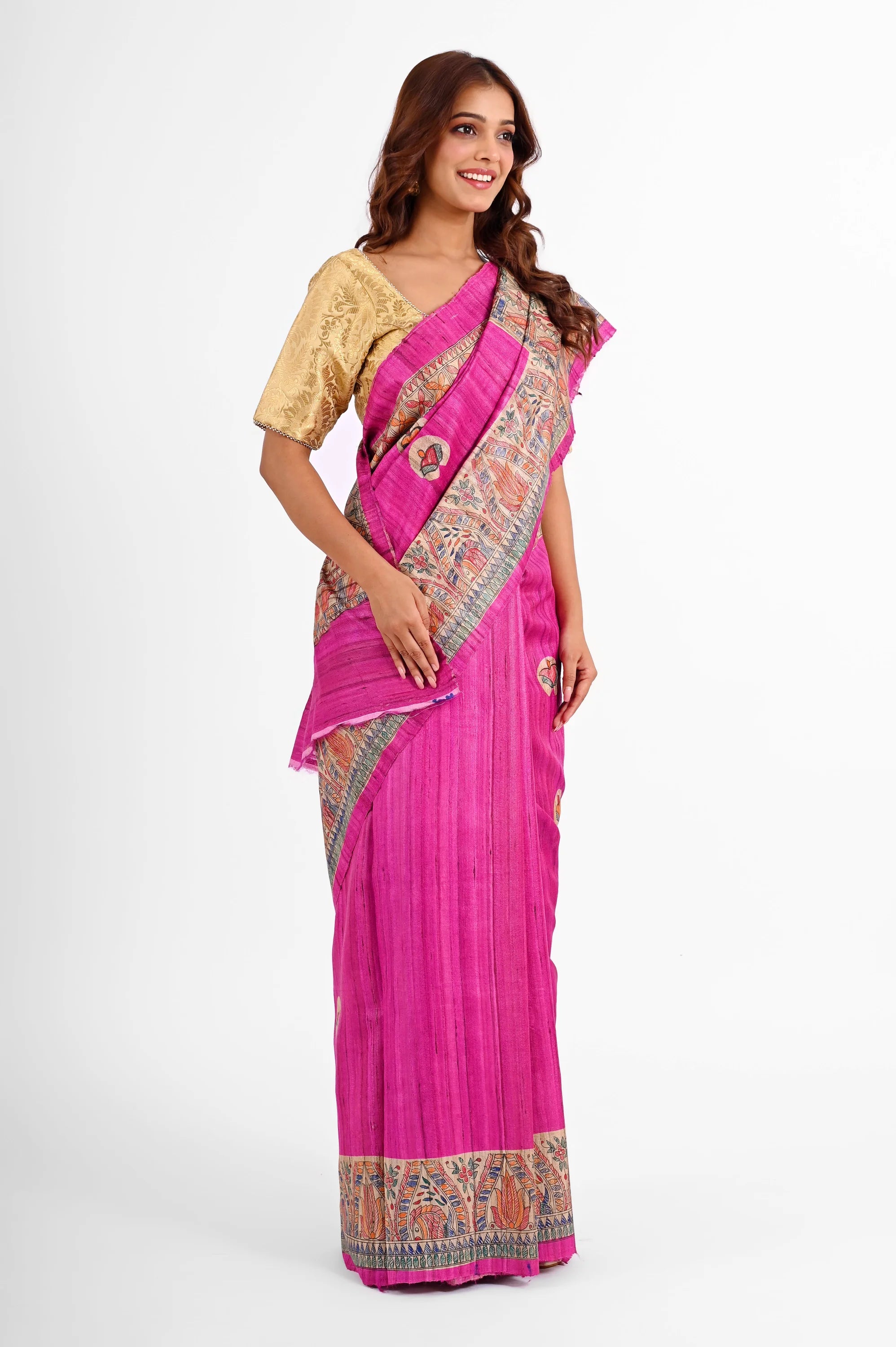 PINK GHICHA SILK SAREE WITH MADHUBANI PALLU - Hand - Painted