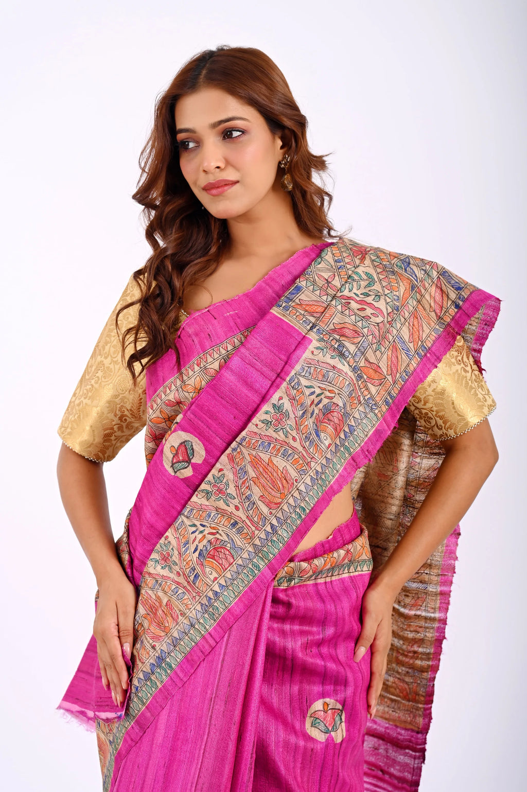 PINK GHICHA SILK SAREE WITH MADHUBANI PALLU - Hand - Painted