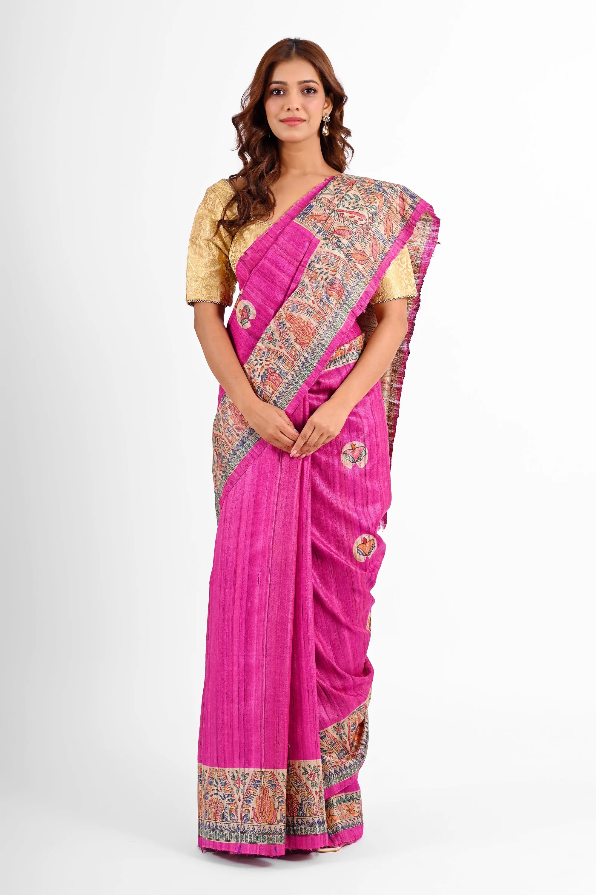 PINK GHICHA SILK SAREE WITH MADHUBANI PALLU - Hand - Painted