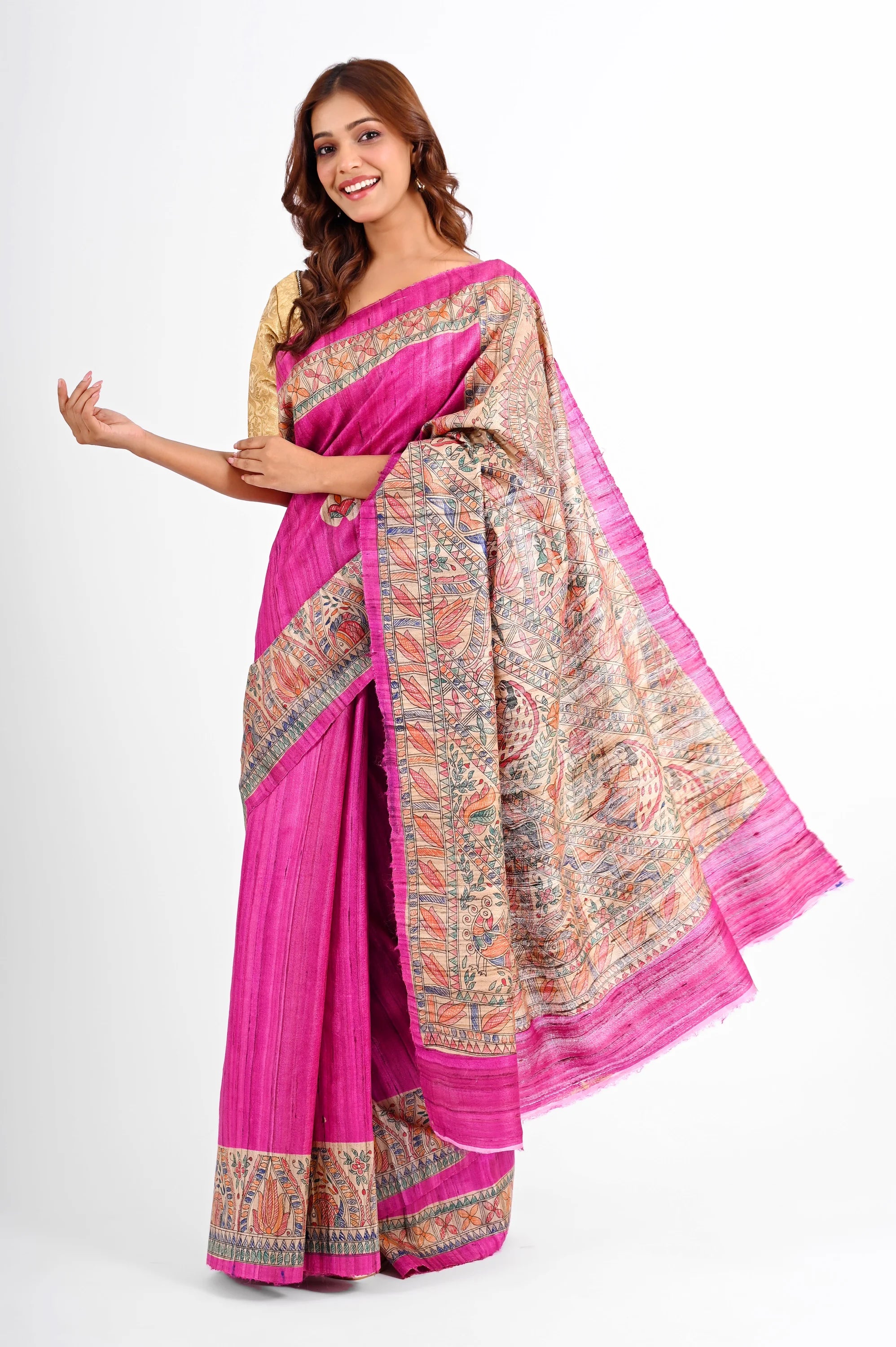 PINK GHICHA SILK SAREE WITH MADHUBANI PALLU - Hand - Painted