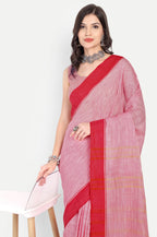 PINK & RED COTTON SLUB SAREE - Cotton