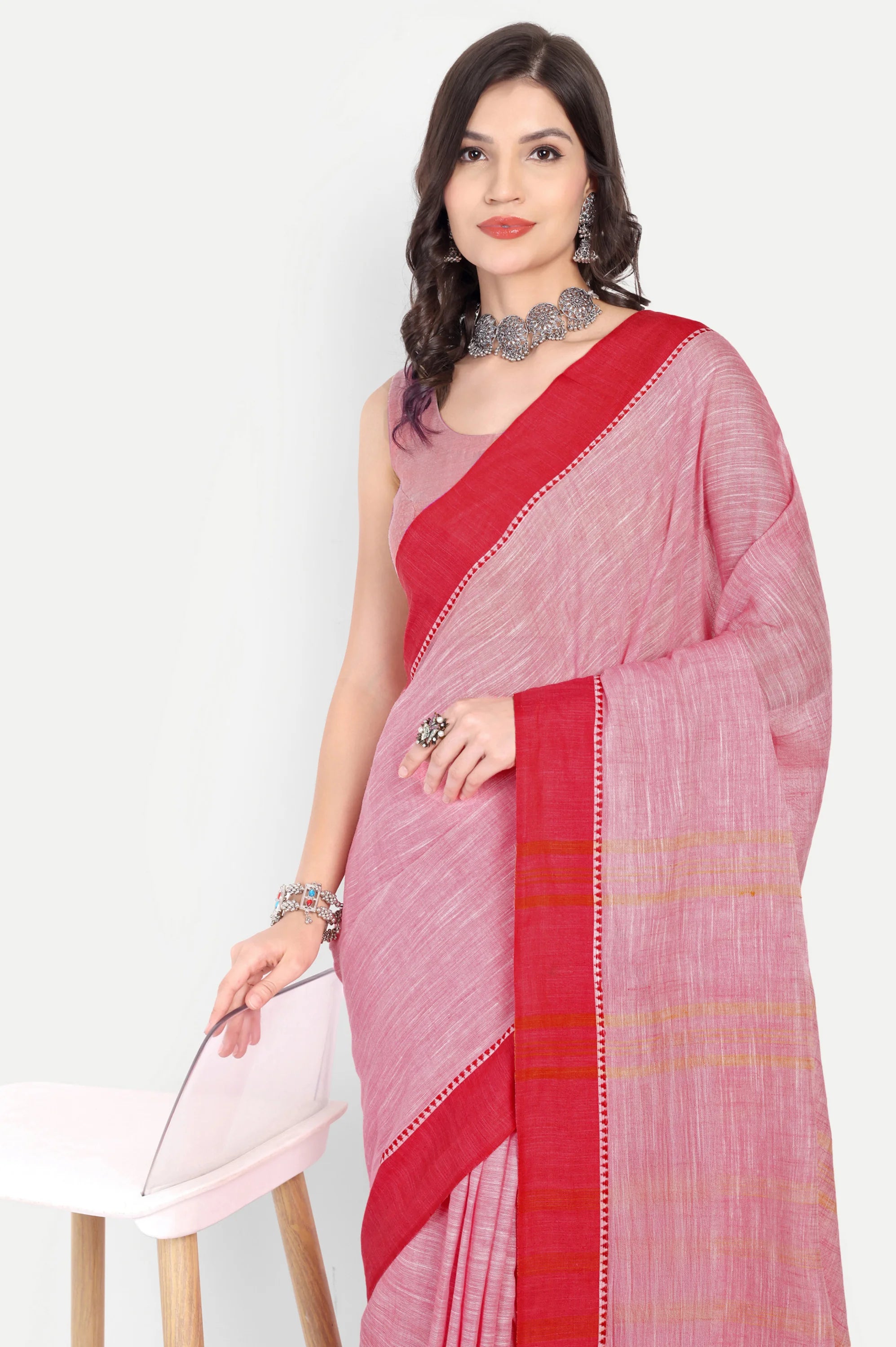 PINK & RED COTTON SLUB SAREE - Cotton