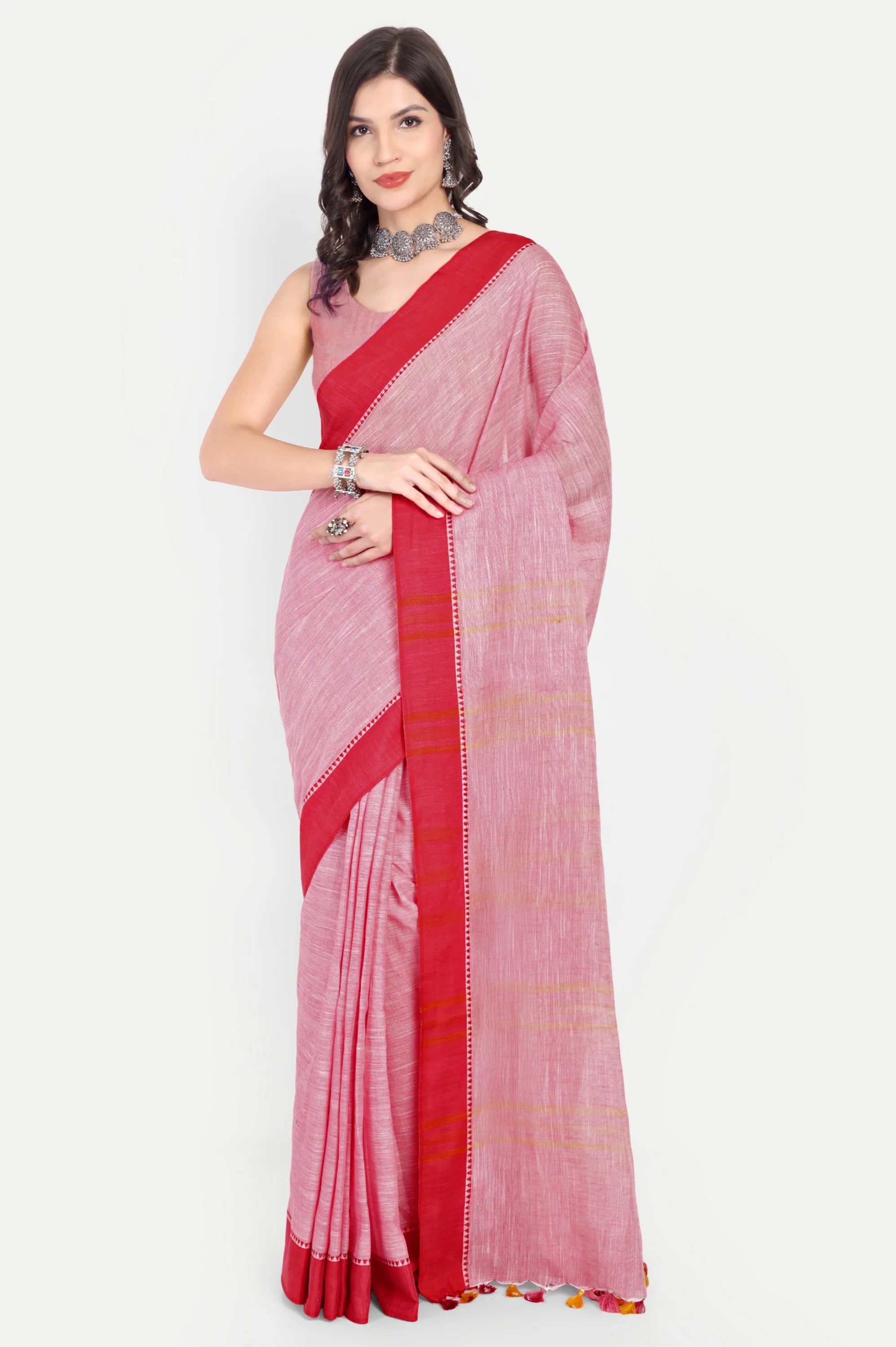 PINK & RED COTTON SLUB SAREE - Cotton