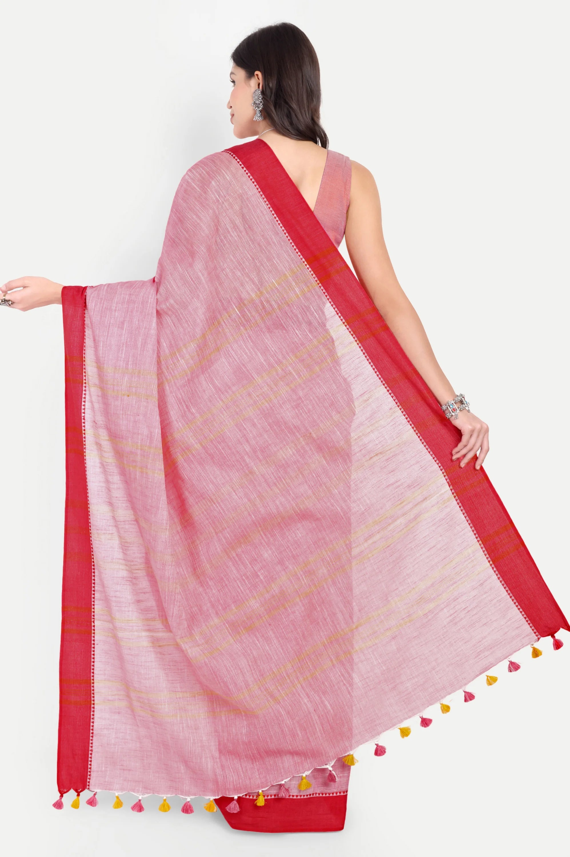 PINK & RED COTTON SLUB SAREE - Cotton