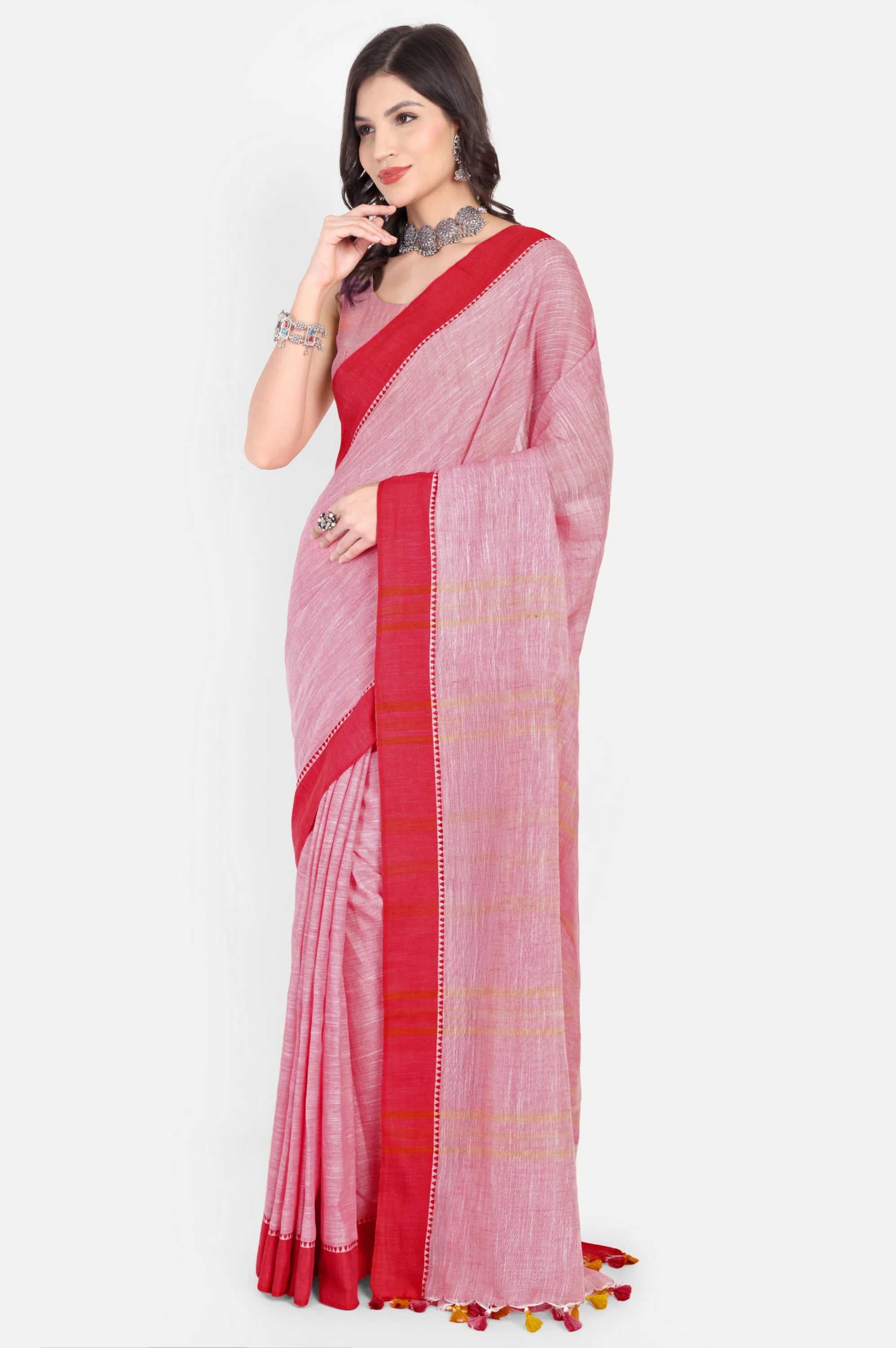 PINK & RED COTTON SLUB SAREE - Cotton