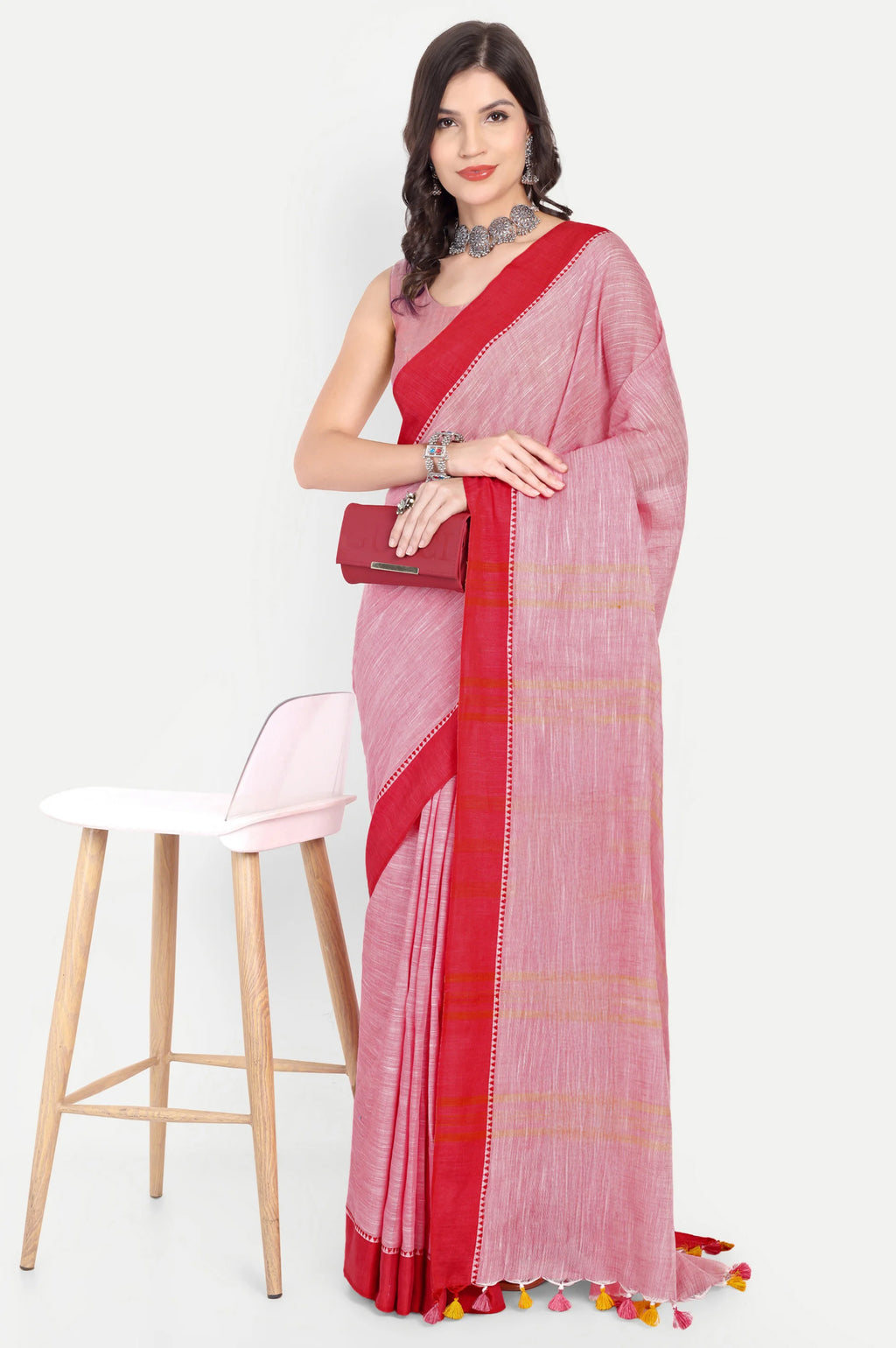 PINK & RED COTTON SLUB SAREE - Cotton
